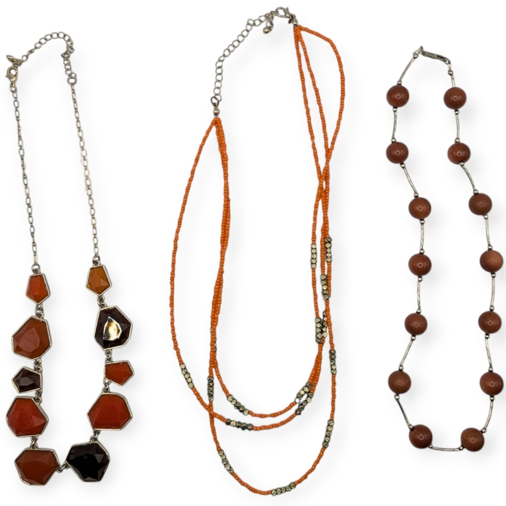 Orange and Brown Beaded Statement Necklace Trio